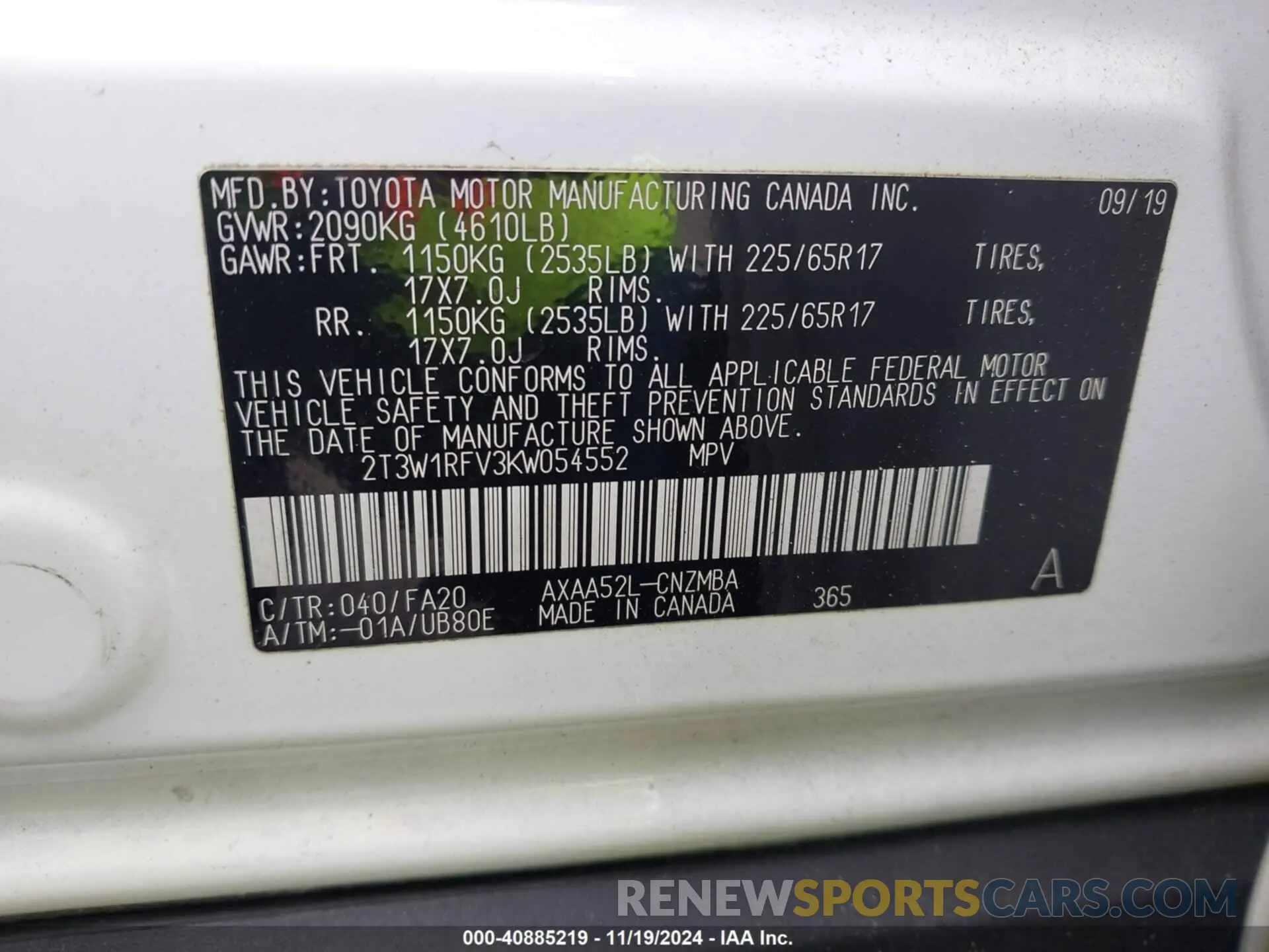 9 Photograph of a damaged car 2T3W1RFV3KW054552 TOYOTA RAV4 2019