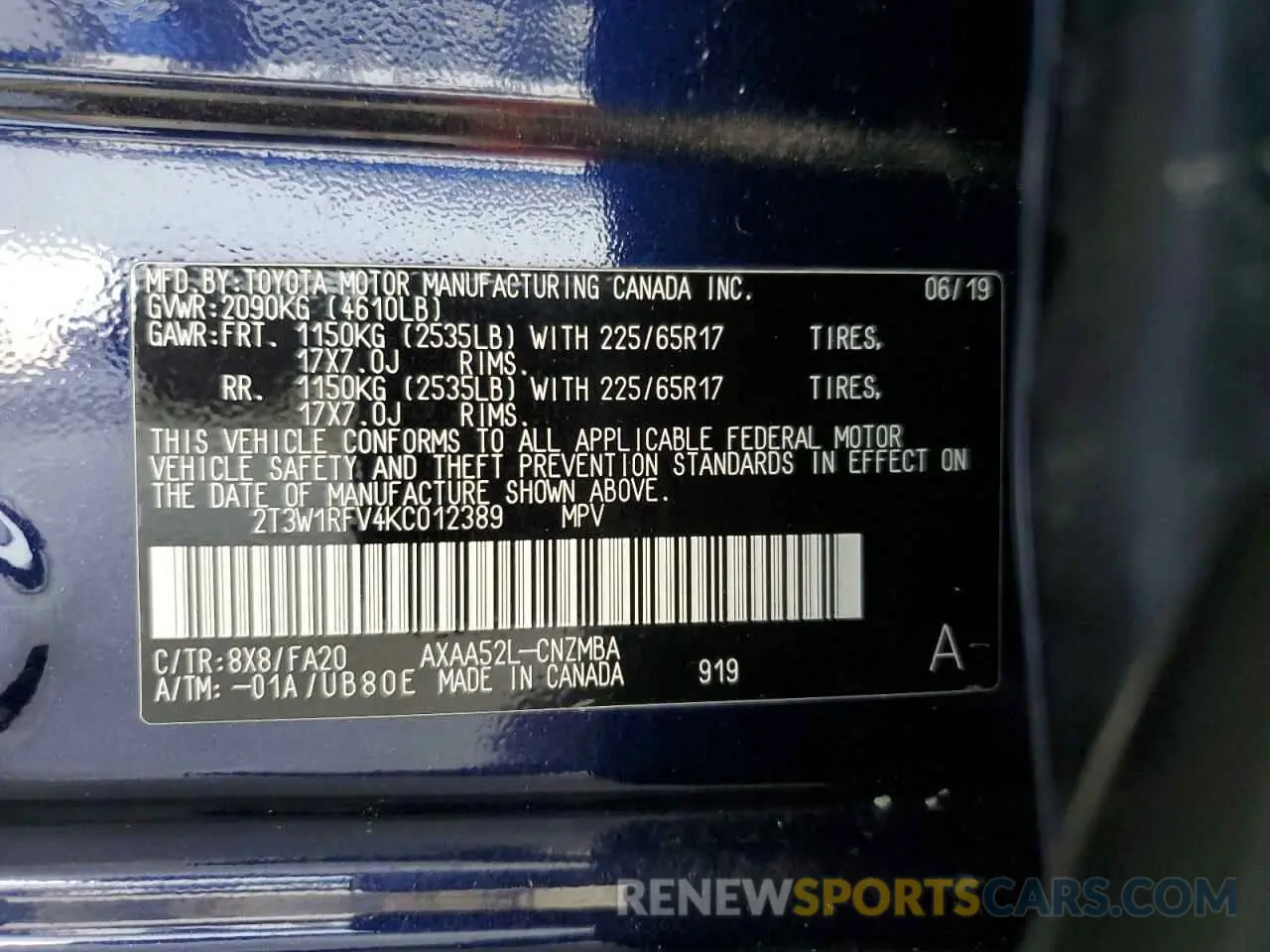 13 Photograph of a damaged car 2T3W1RFV4KC012389 TOYOTA RAV4 2019