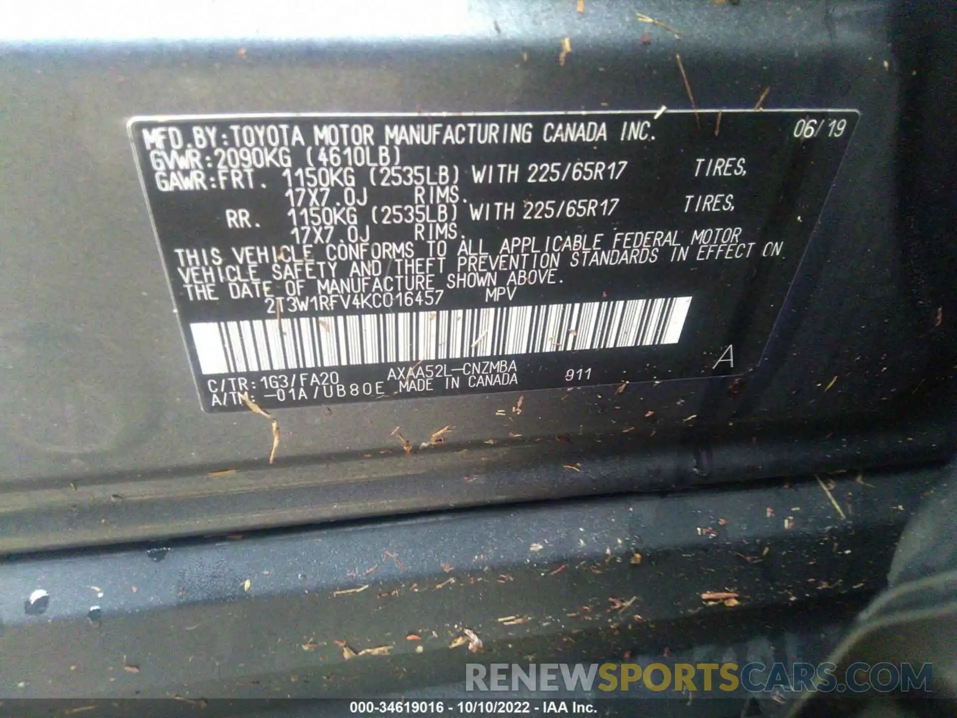 9 Photograph of a damaged car 2T3W1RFV4KC016457 TOYOTA RAV4 2019