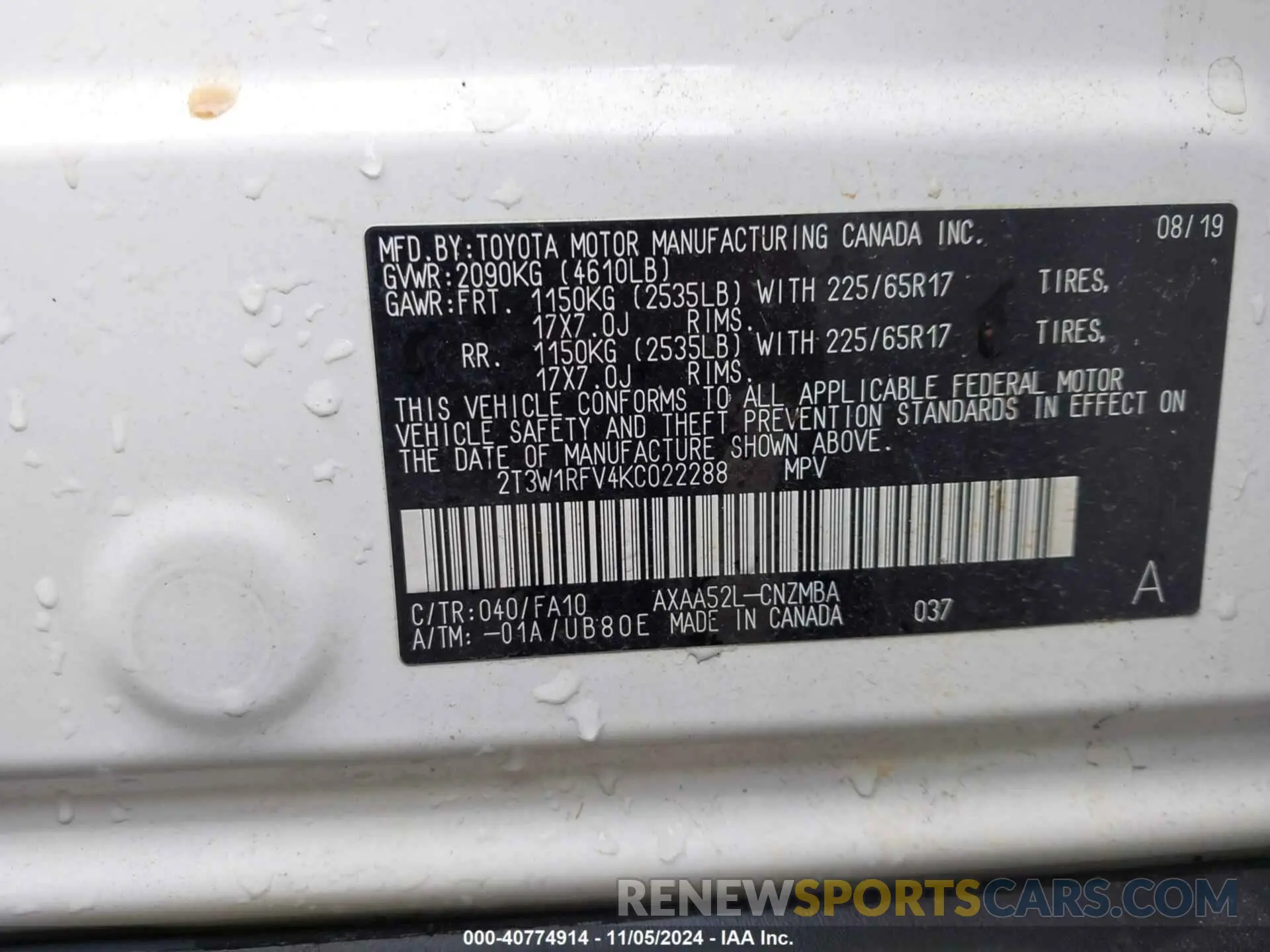9 Photograph of a damaged car 2T3W1RFV4KC022288 TOYOTA RAV4 2019