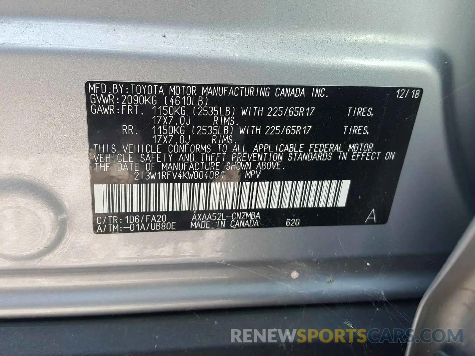10 Photograph of a damaged car 2T3W1RFV4KW004081 TOYOTA RAV4 2019