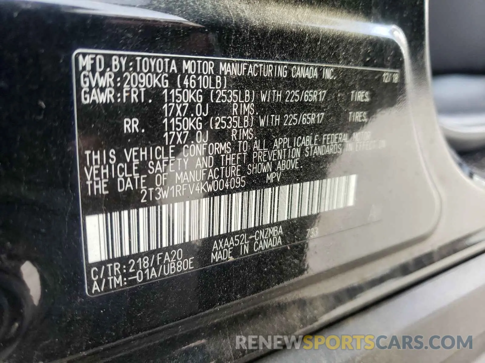 10 Photograph of a damaged car 2T3W1RFV4KW004095 TOYOTA RAV4 2019