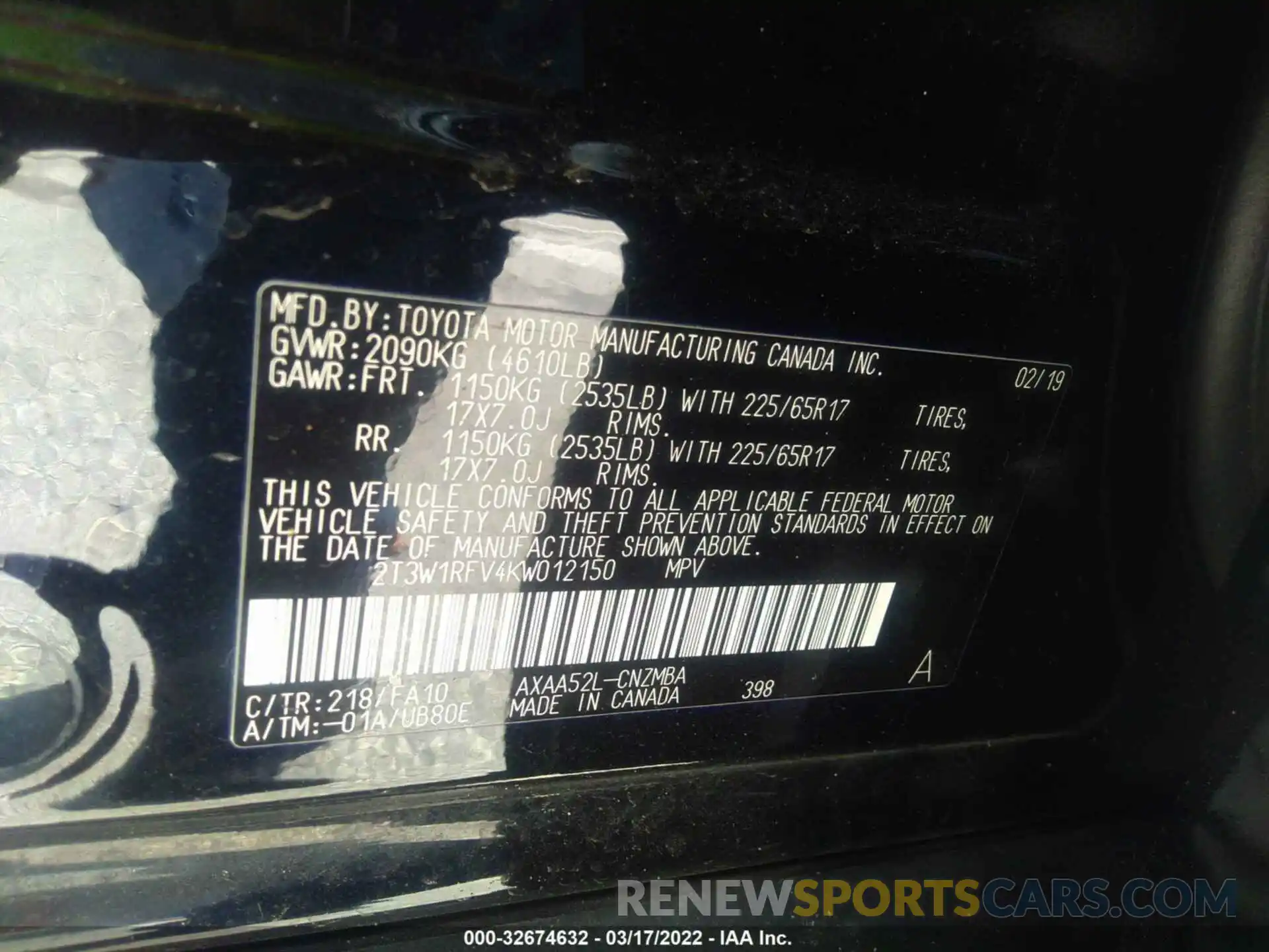 9 Photograph of a damaged car 2T3W1RFV4KW012150 TOYOTA RAV4 2019