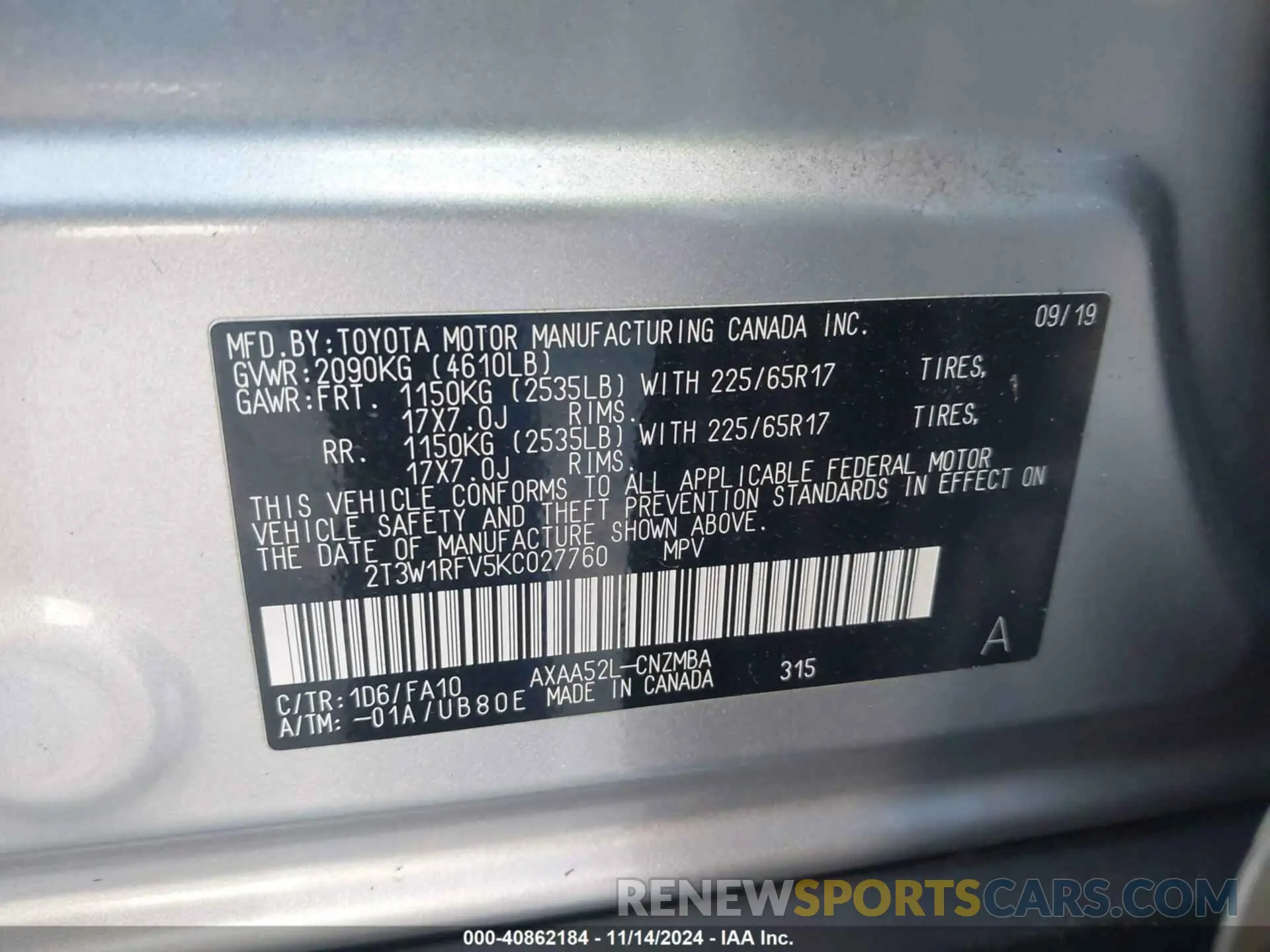9 Photograph of a damaged car 2T3W1RFV5KC027760 TOYOTA RAV4 2019