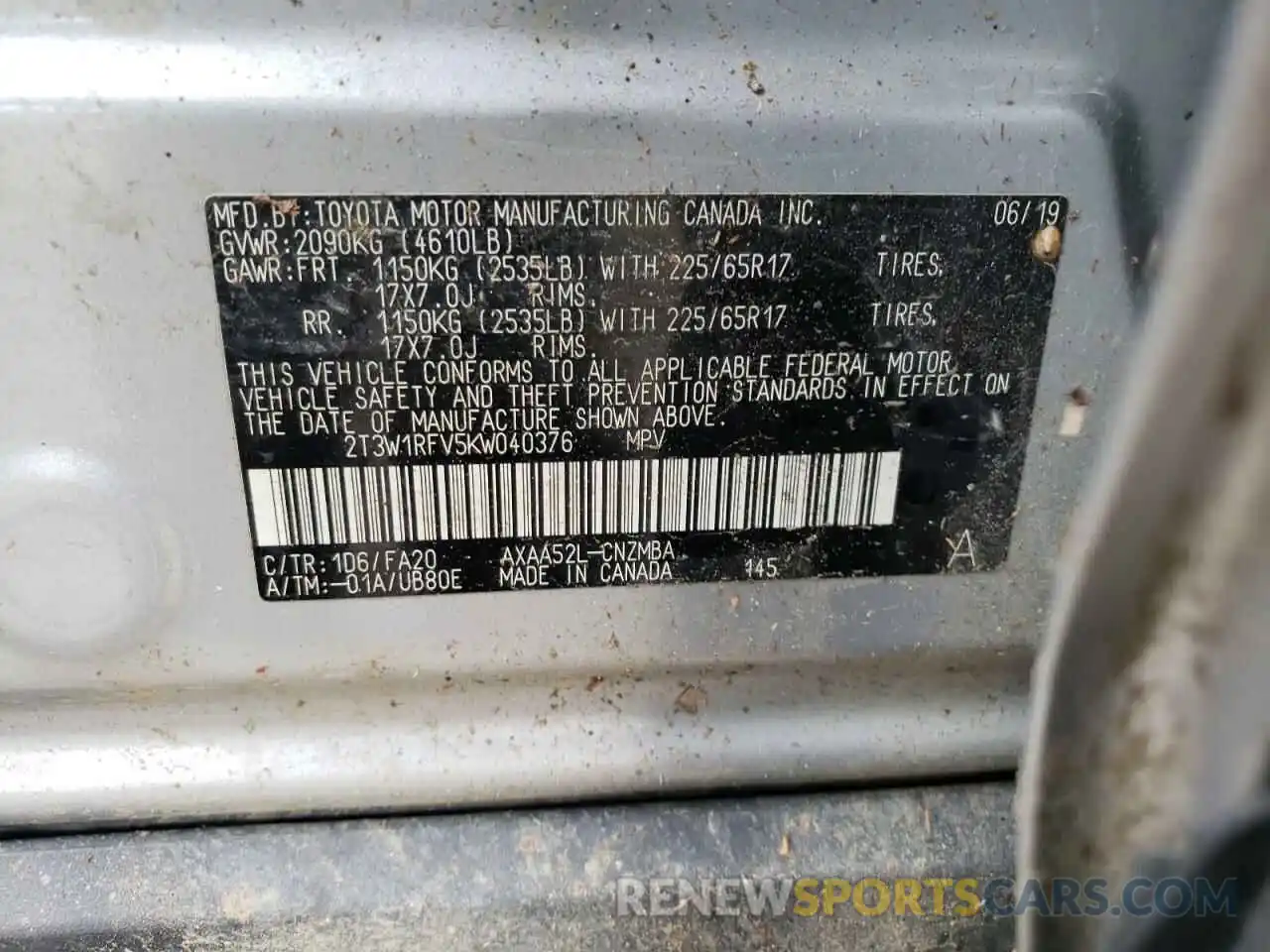 10 Photograph of a damaged car 2T3W1RFV5KW040376 TOYOTA RAV4 2019