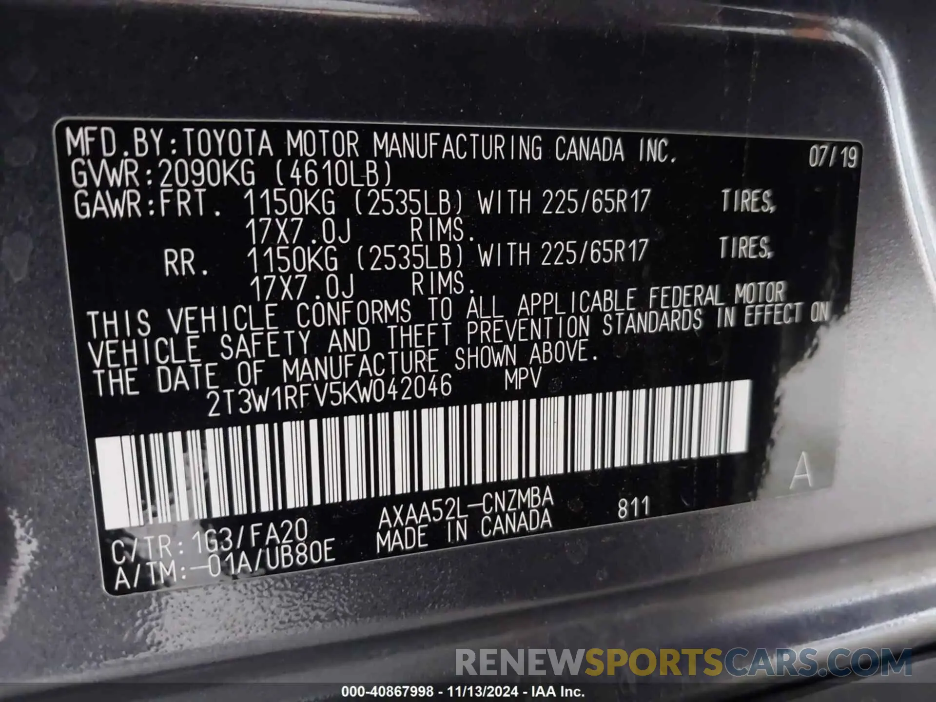 9 Photograph of a damaged car 2T3W1RFV5KW042046 TOYOTA RAV4 2019
