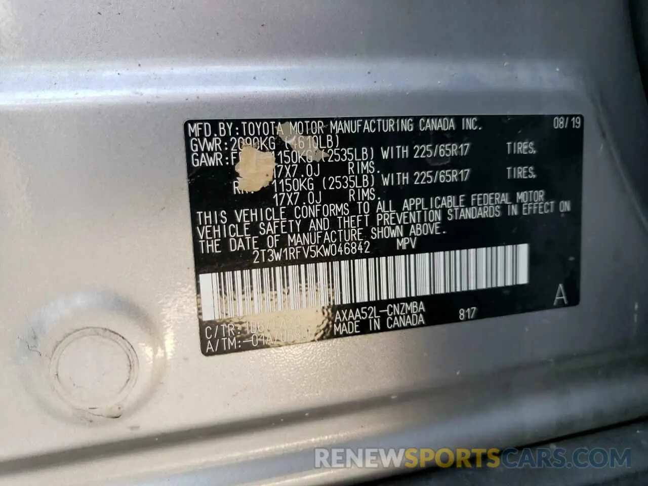 10 Photograph of a damaged car 2T3W1RFV5KW046842 TOYOTA RAV4 2019