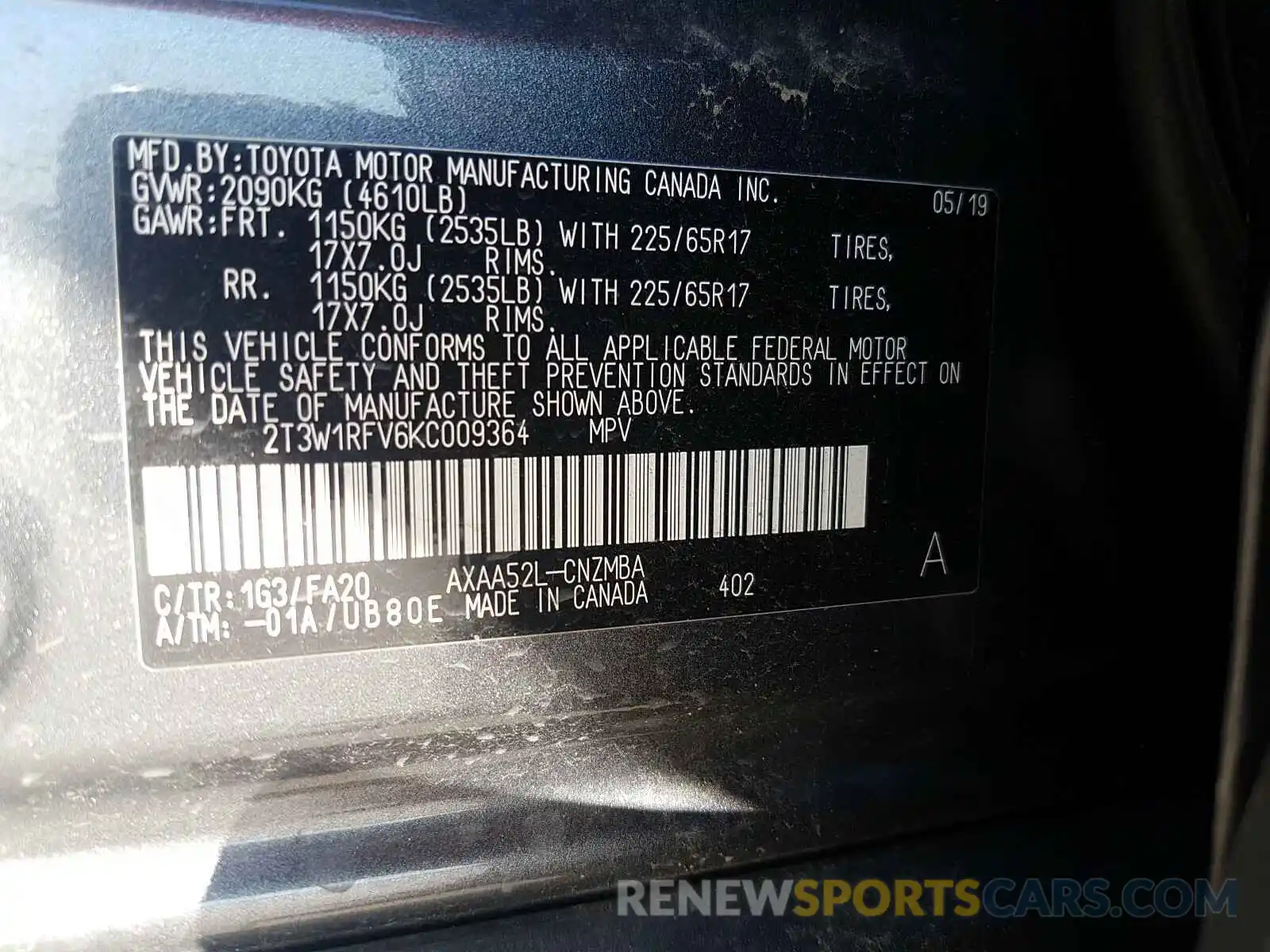 10 Photograph of a damaged car 2T3W1RFV6KC009364 TOYOTA RAV4 2019