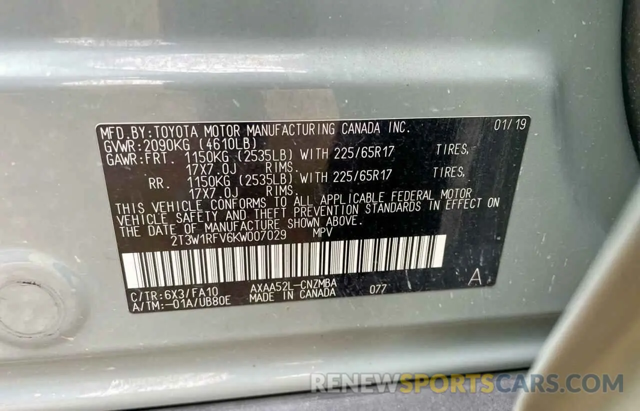 10 Photograph of a damaged car 2T3W1RFV6KW007029 TOYOTA RAV4 2019