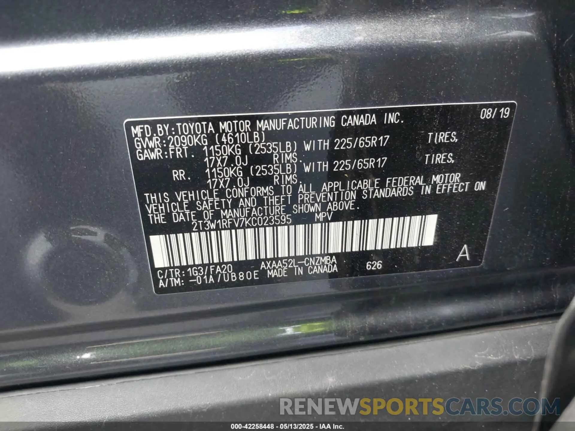 9 Photograph of a damaged car 2T3W1RFV7KC023595 TOYOTA RAV4 2019