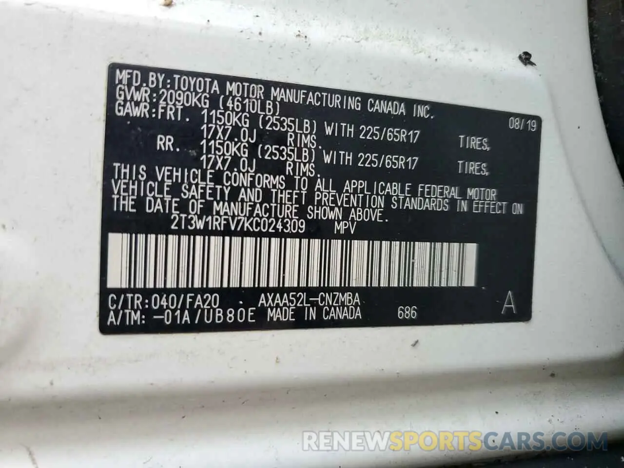 14 Photograph of a damaged car 2T3W1RFV7KC024309 TOYOTA RAV4 2019