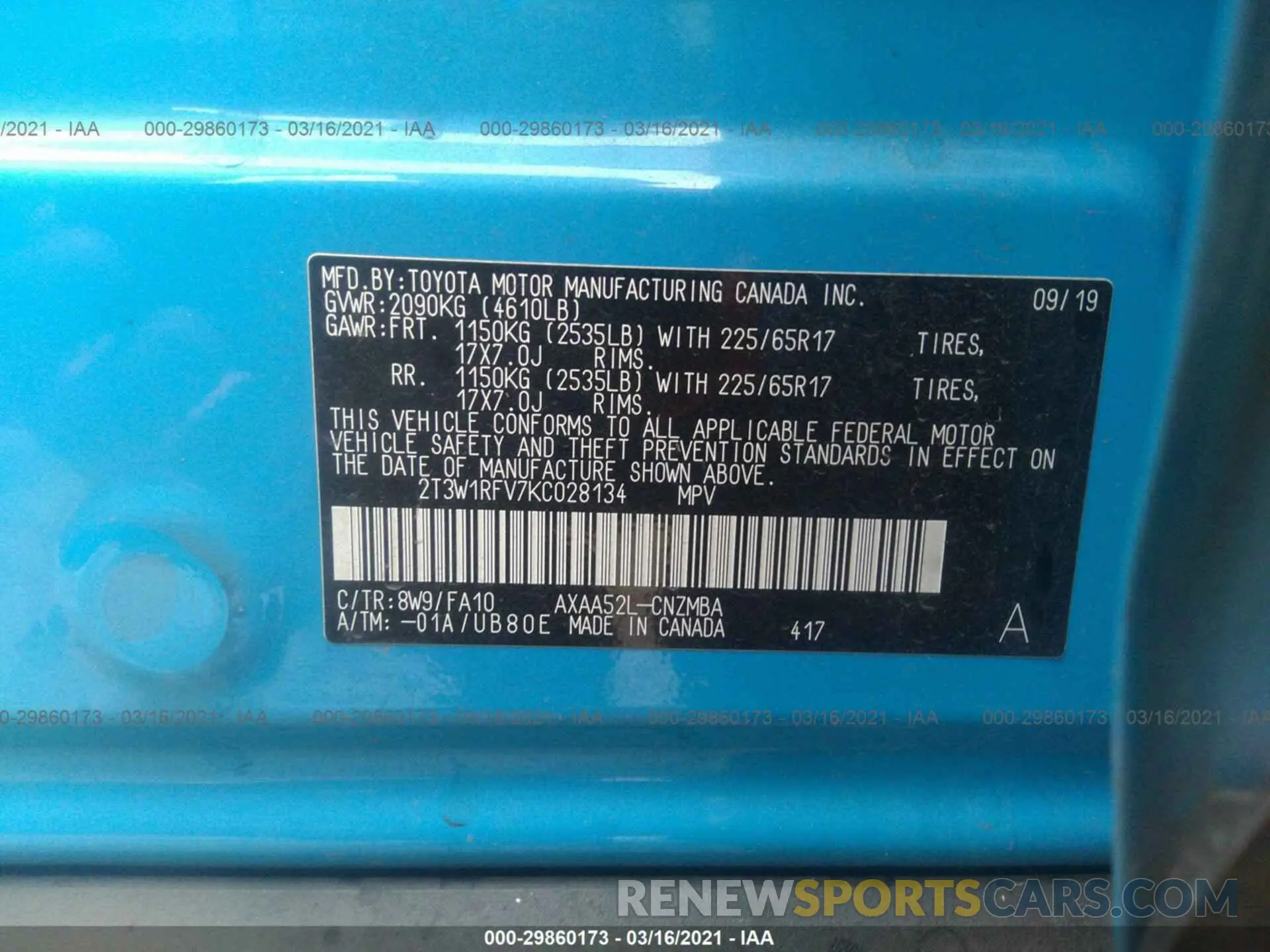 9 Photograph of a damaged car 2T3W1RFV7KC028134 TOYOTA RAV4 2019