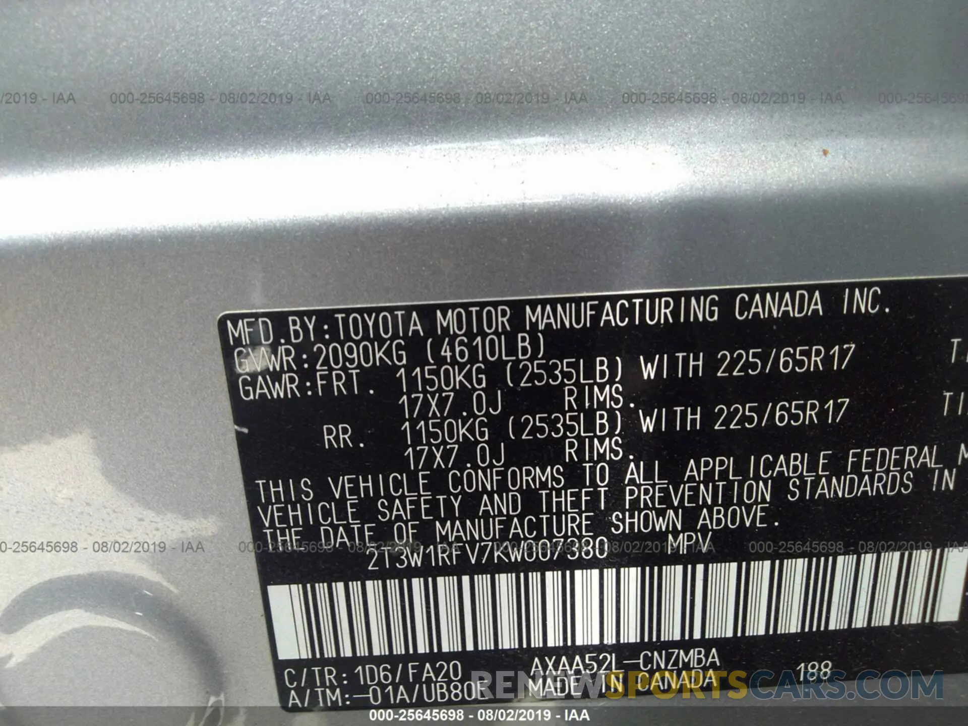 9 Photograph of a damaged car 2T3W1RFV7KW007380 TOYOTA RAV4 2019