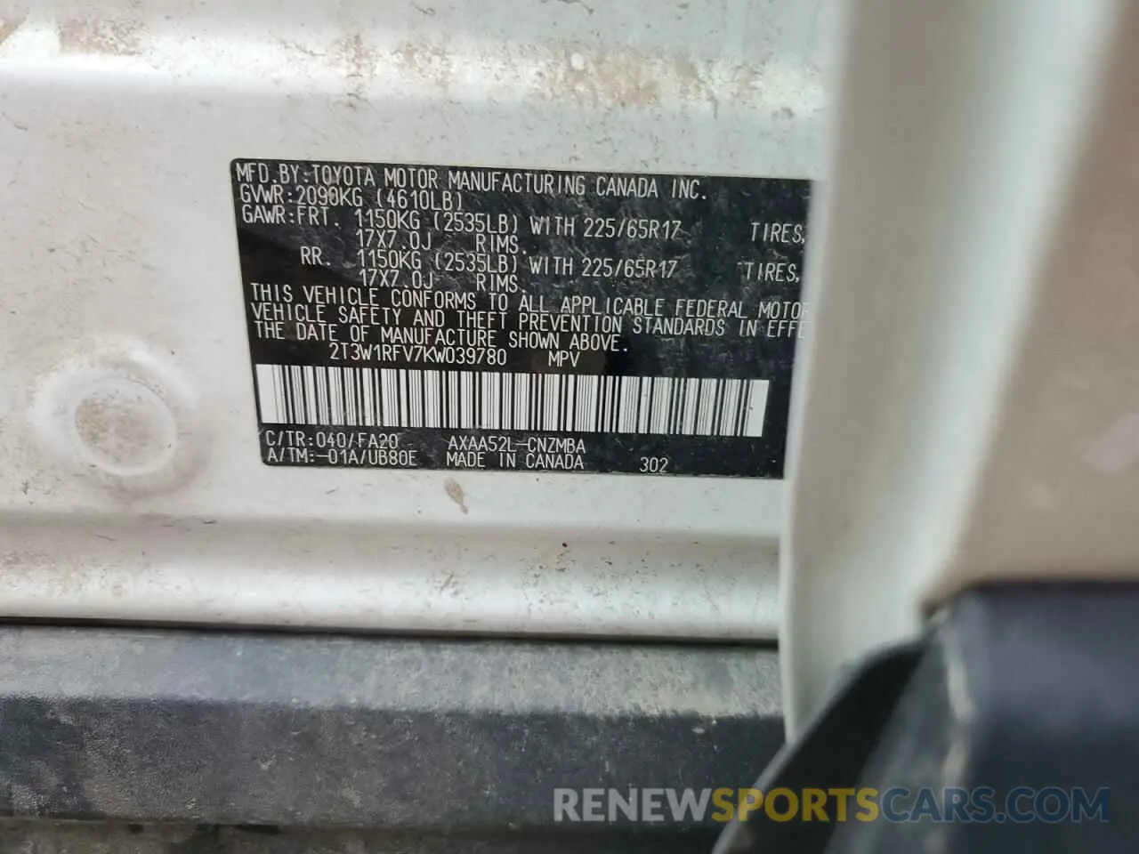 13 Photograph of a damaged car 2T3W1RFV7KW039780 TOYOTA RAV4 2019