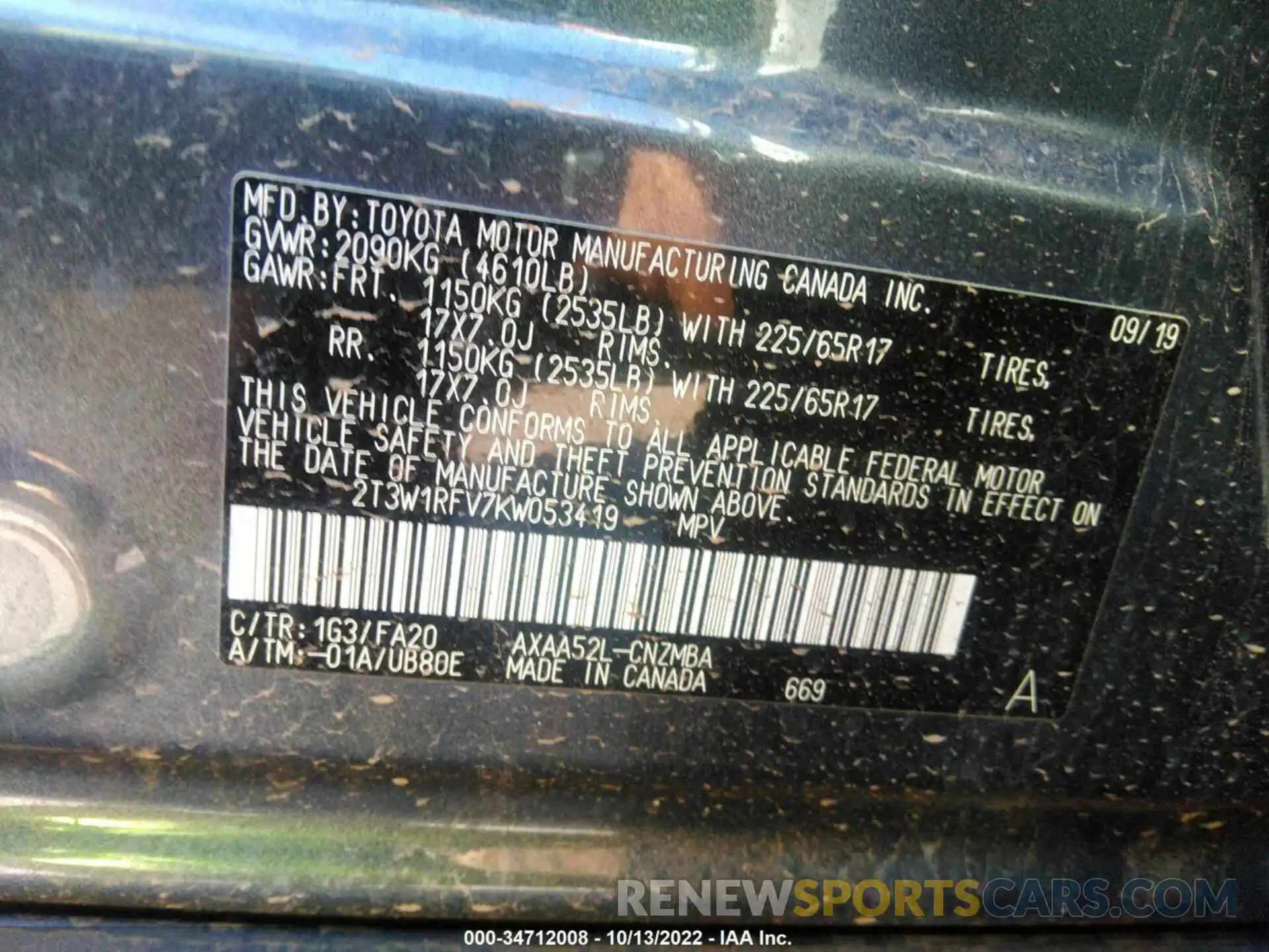 9 Photograph of a damaged car 2T3W1RFV7KW053419 TOYOTA RAV4 2019