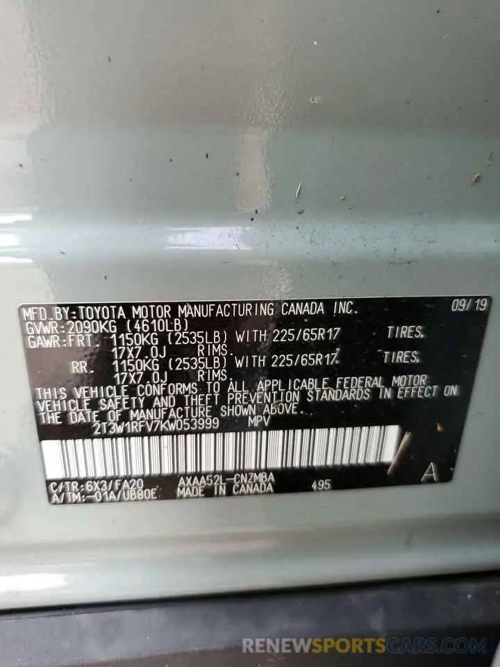 14 Photograph of a damaged car 2T3W1RFV7KW053999 TOYOTA RAV4 2019