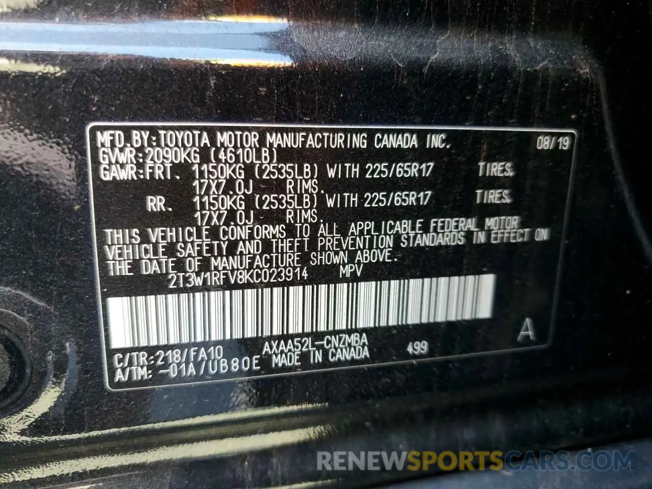 13 Photograph of a damaged car 2T3W1RFV8KC023914 TOYOTA RAV4 2019