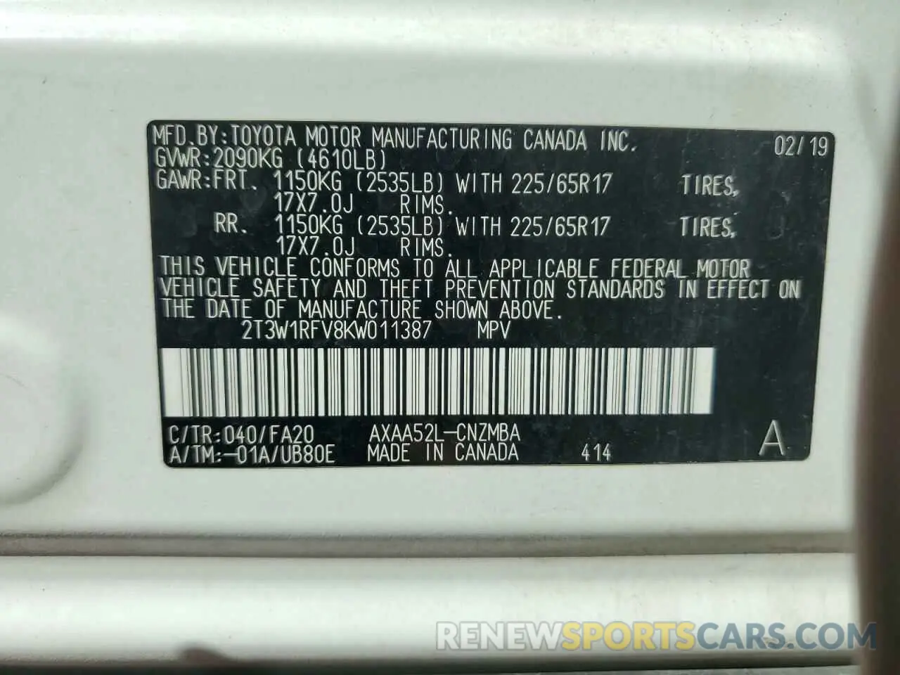 13 Photograph of a damaged car 2T3W1RFV8KW011387 TOYOTA RAV4 2019