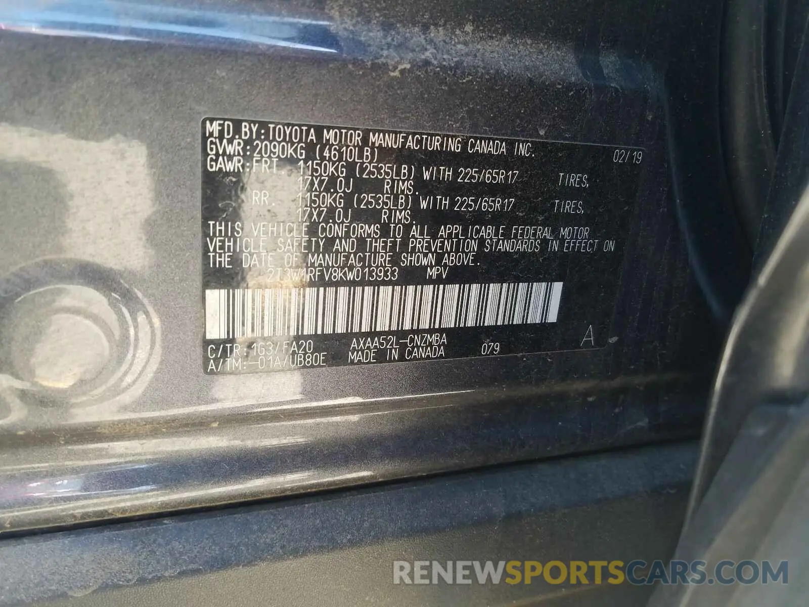 10 Photograph of a damaged car 2T3W1RFV8KW013933 TOYOTA RAV4 2019