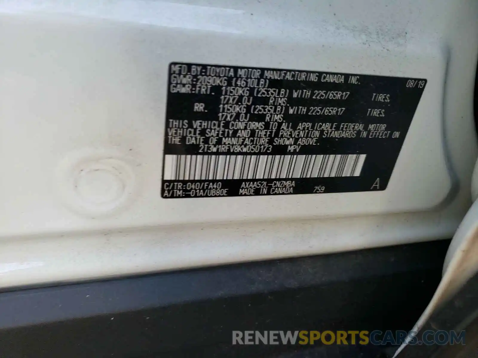 10 Photograph of a damaged car 2T3W1RFV8KW050173 TOYOTA RAV4 2019