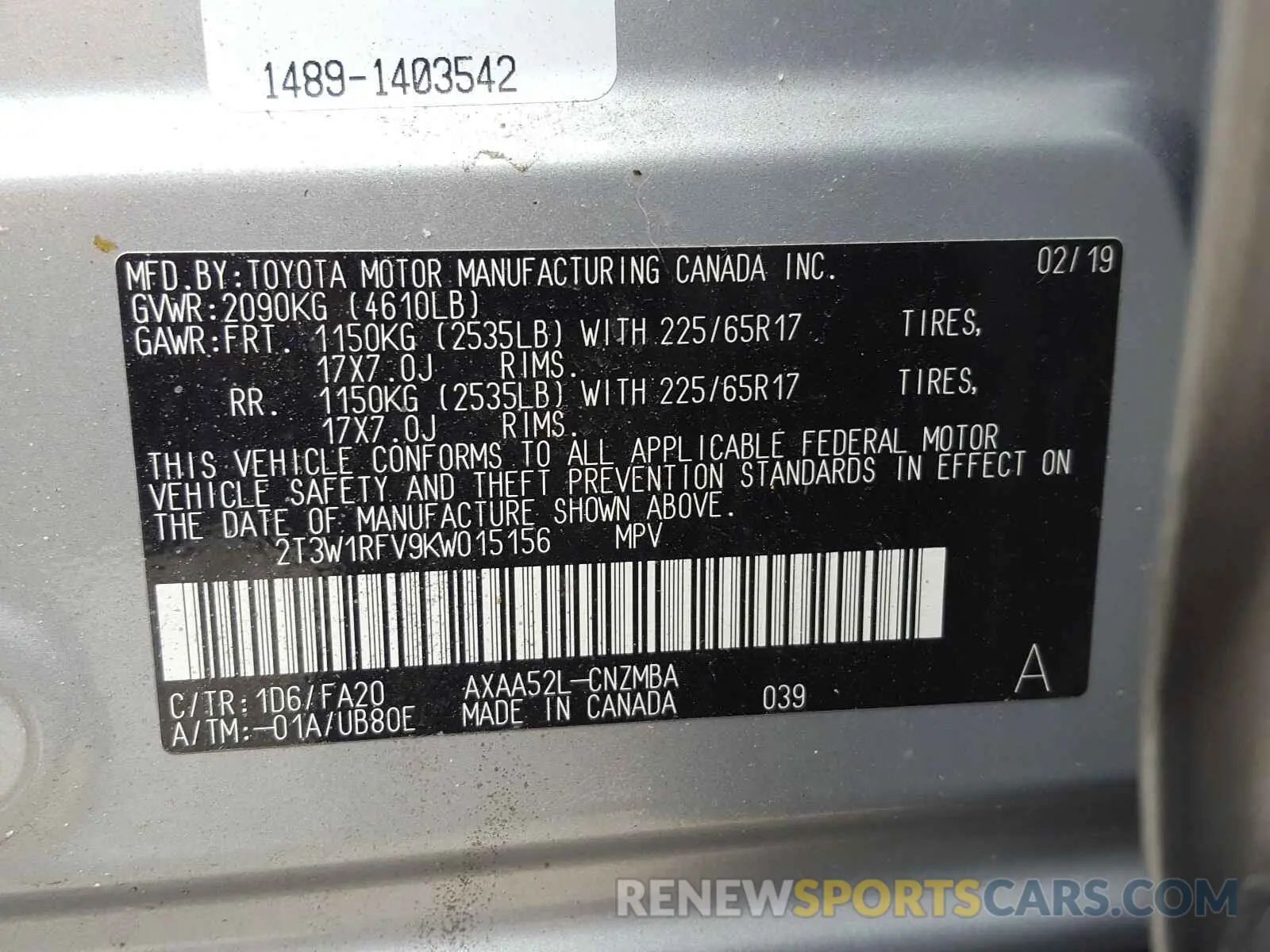 10 Photograph of a damaged car 2T3W1RFV9KW015156 TOYOTA RAV4 2019