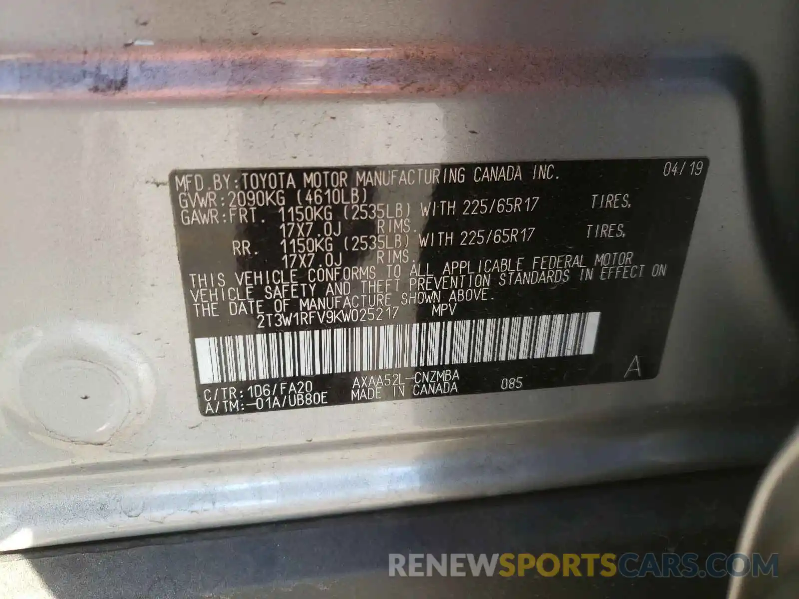 10 Photograph of a damaged car 2T3W1RFV9KW025217 TOYOTA RAV4 2019