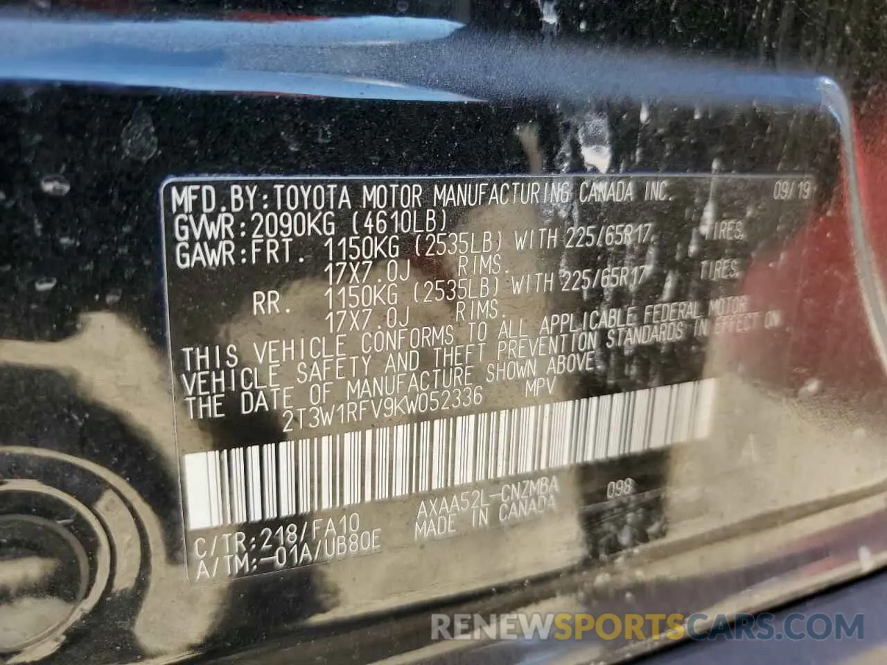13 Photograph of a damaged car 2T3W1RFV9KW052336 TOYOTA RAV4 2019