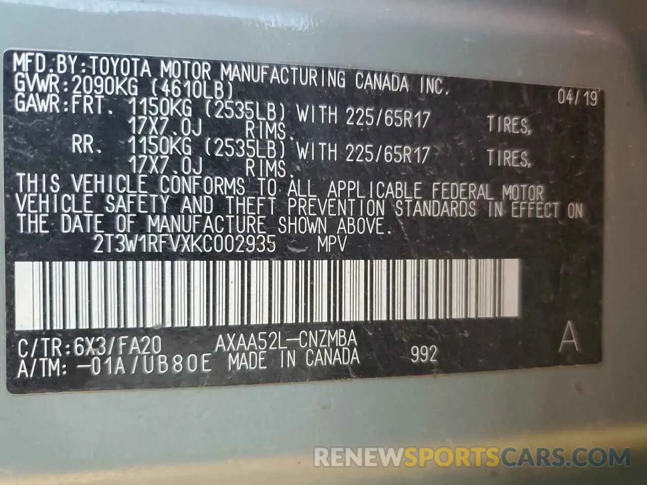 13 Photograph of a damaged car 2T3W1RFVXKC002935 TOYOTA RAV4 2019