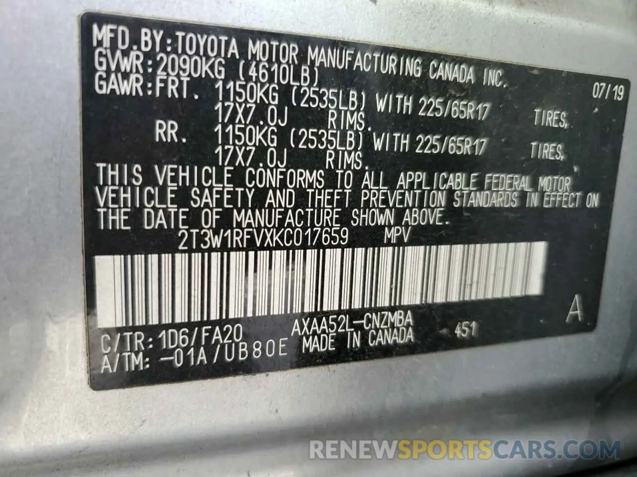 13 Photograph of a damaged car 2T3W1RFVXKC017659 TOYOTA RAV4 2019