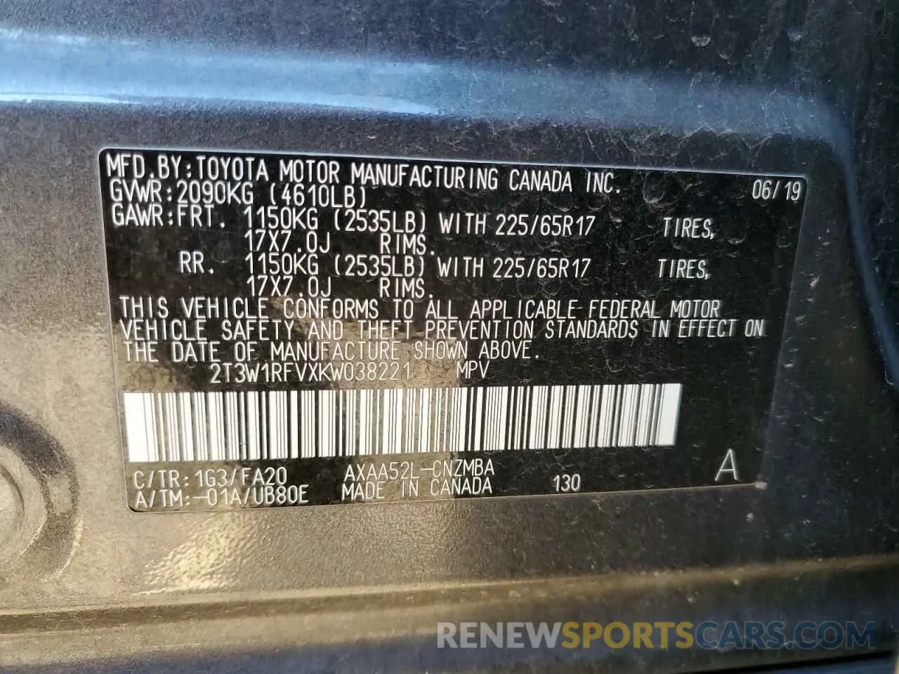 13 Photograph of a damaged car 2T3W1RFVXKW038221 TOYOTA RAV4 2019