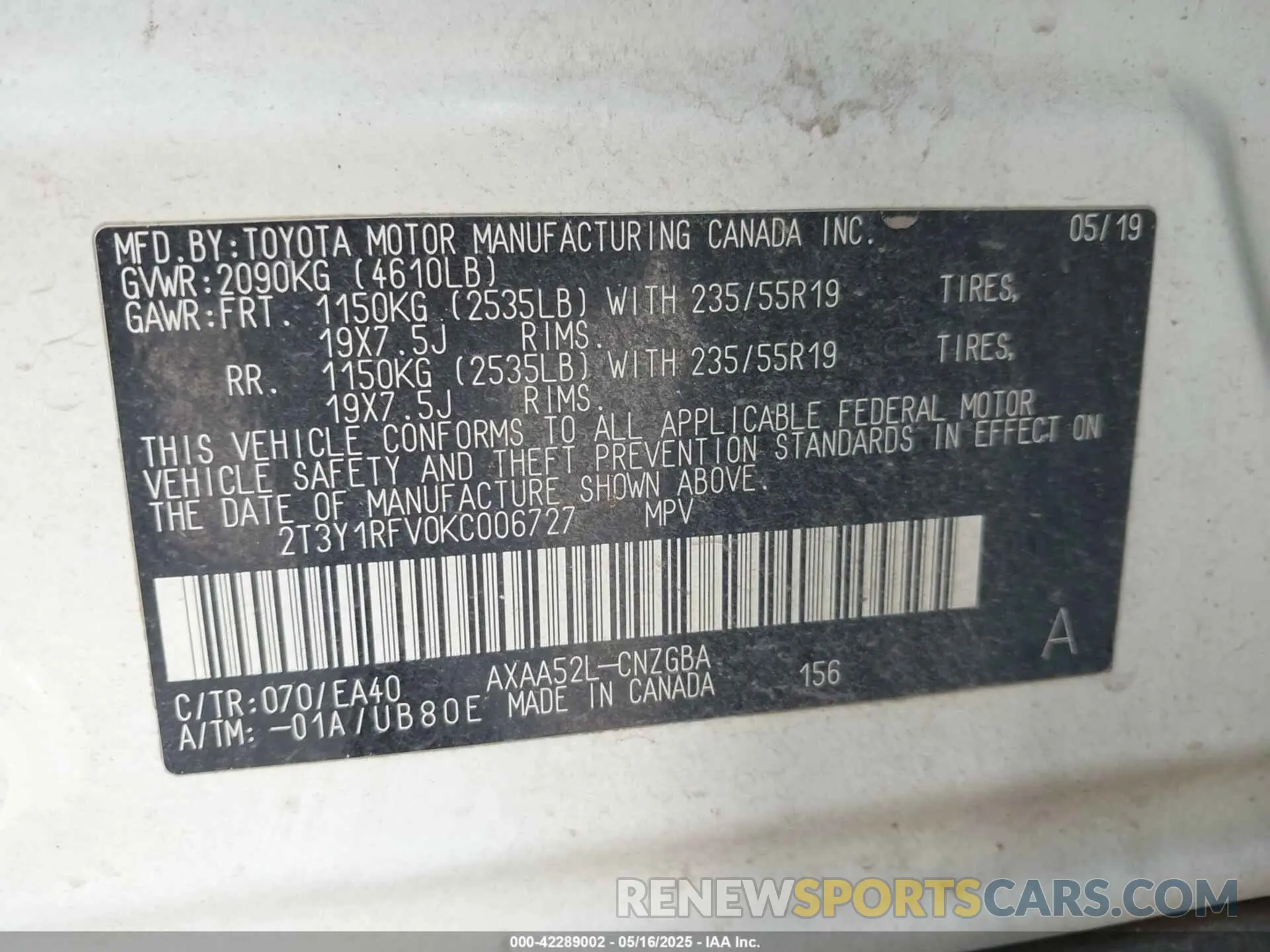 9 Photograph of a damaged car 2T3Y1RFV0KC006727 TOYOTA RAV4 2019