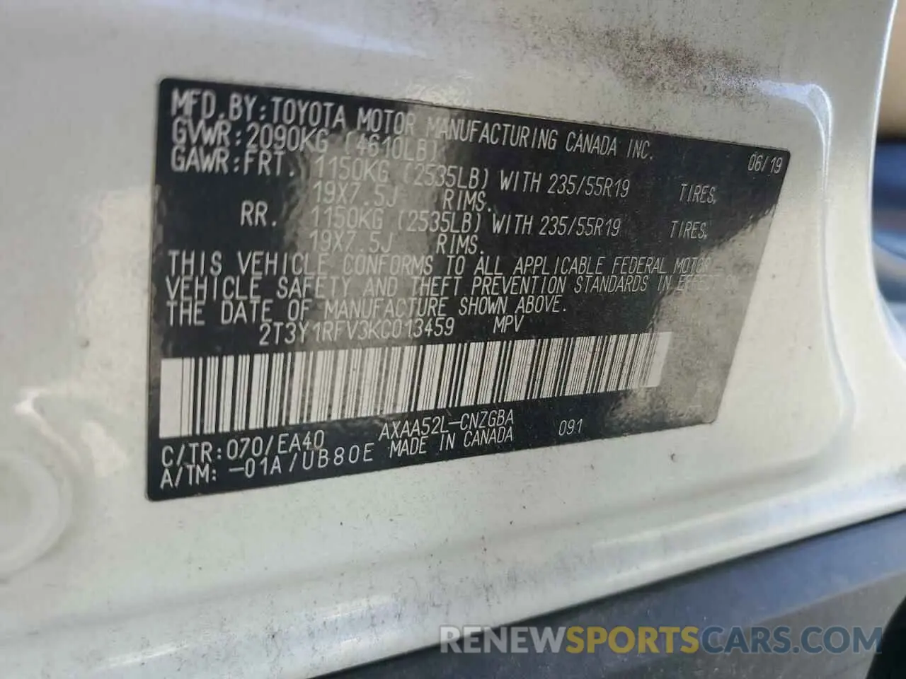 13 Photograph of a damaged car 2T3Y1RFV3KC013459 TOYOTA RAV4 2019