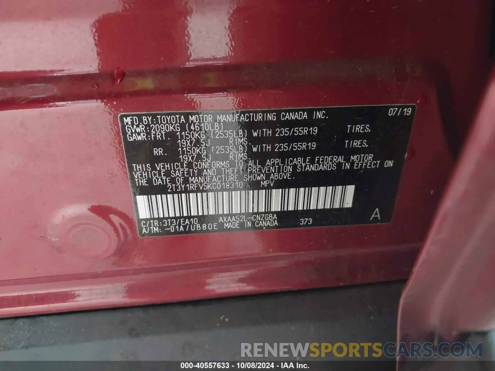 8 Photograph of a damaged car 2T3Y1RFV5KC018310 TOYOTA RAV4 2019