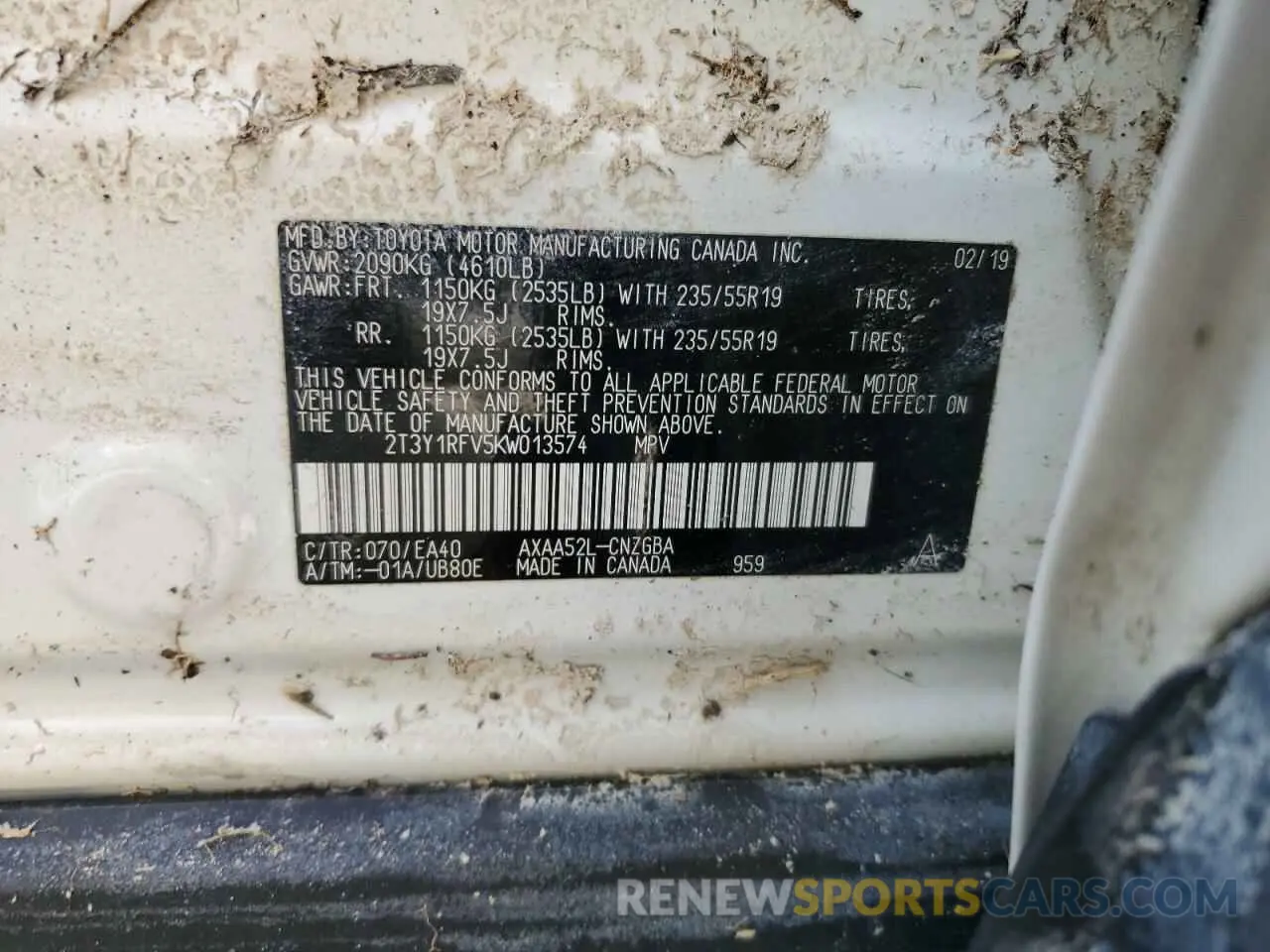 14 Photograph of a damaged car 2T3Y1RFV5KW013574 TOYOTA RAV4 2019