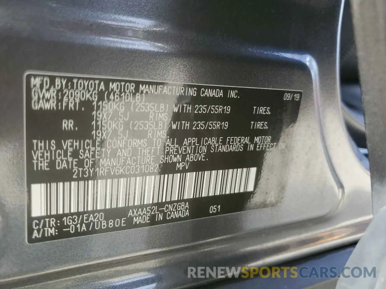 12 Photograph of a damaged car 2T3Y1RFV6KC031082 TOYOTA RAV4 2019