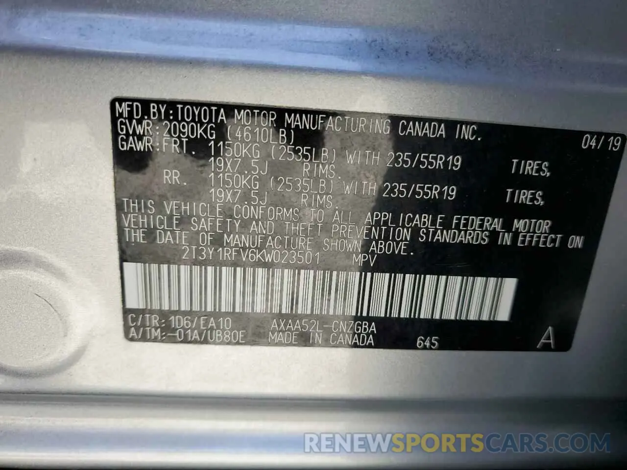 13 Photograph of a damaged car 2T3Y1RFV6KW023501 TOYOTA RAV4 2019