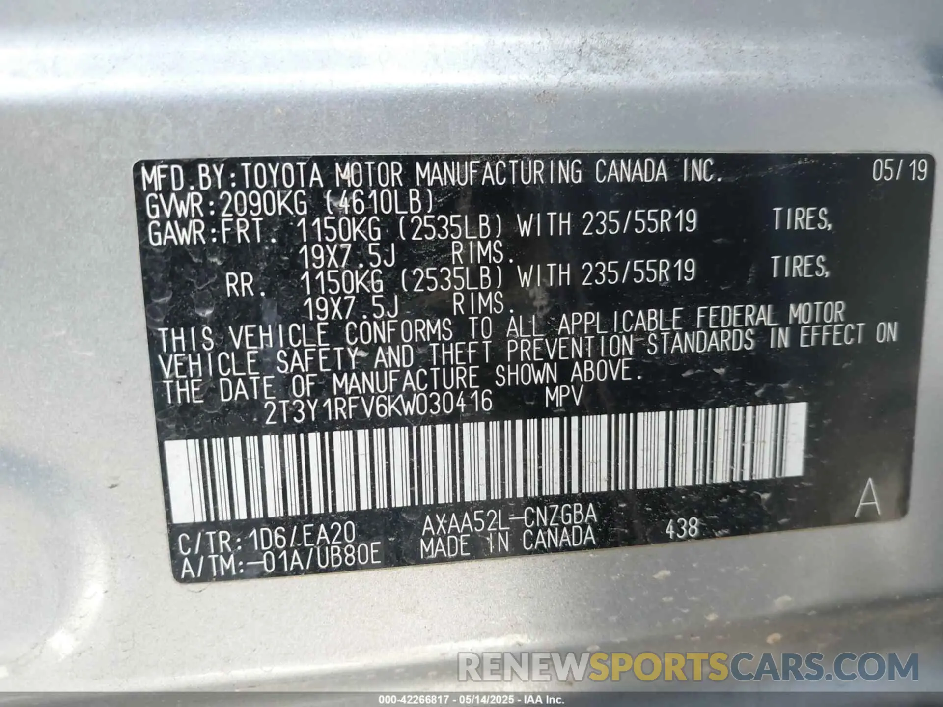 9 Photograph of a damaged car 2T3Y1RFV6KW030416 TOYOTA RAV4 2019