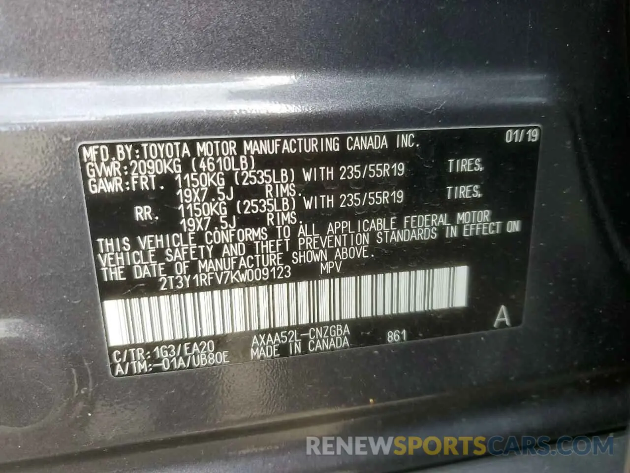 14 Photograph of a damaged car 2T3Y1RFV7KW009123 TOYOTA RAV4 2019