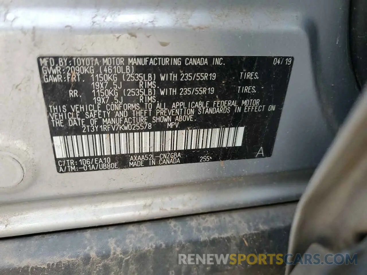 13 Photograph of a damaged car 2T3Y1RFV7KW025578 TOYOTA RAV4 2019