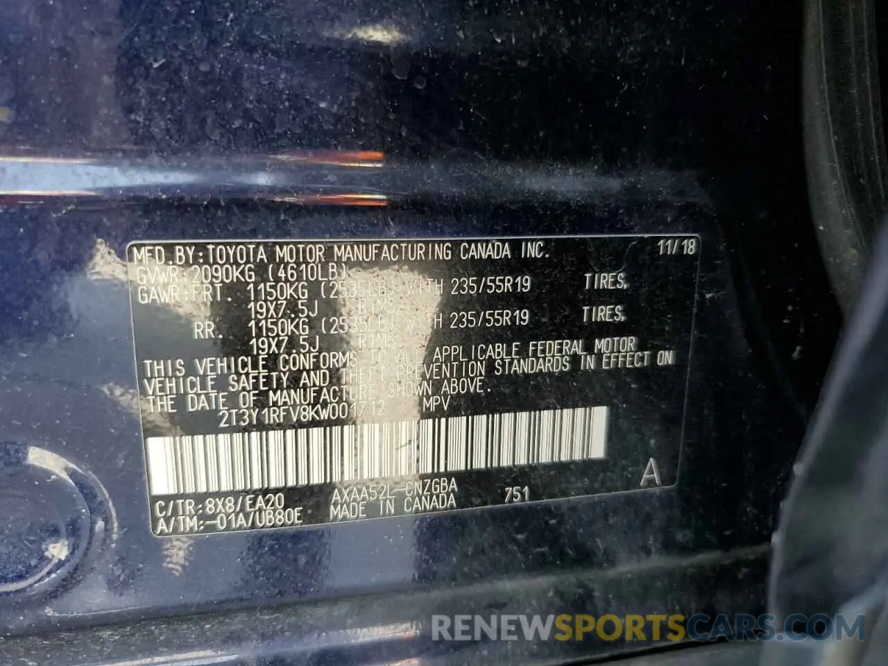 13 Photograph of a damaged car 2T3Y1RFV8KW001712 TOYOTA RAV4 2019