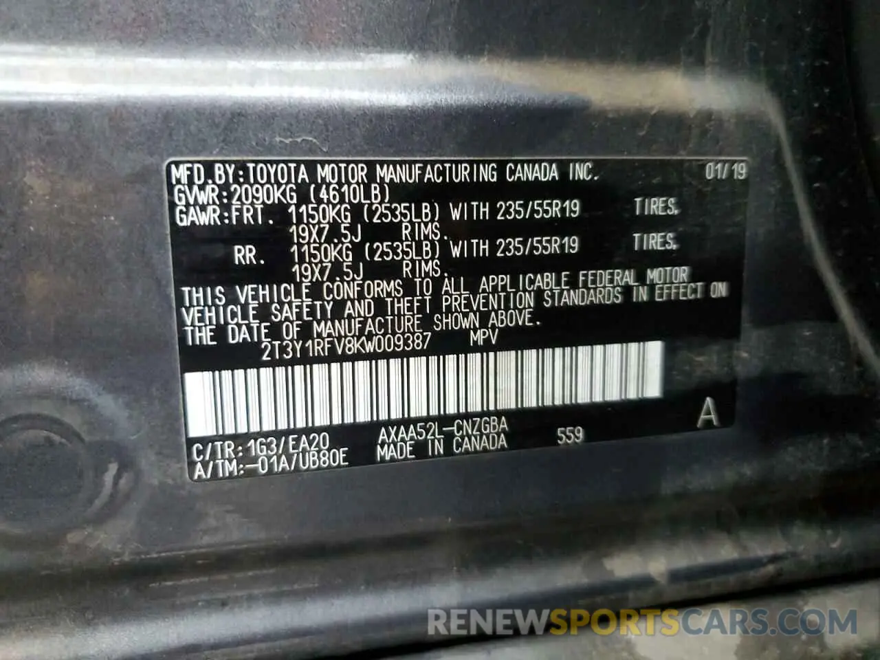 13 Photograph of a damaged car 2T3Y1RFV8KW009387 TOYOTA RAV4 2019