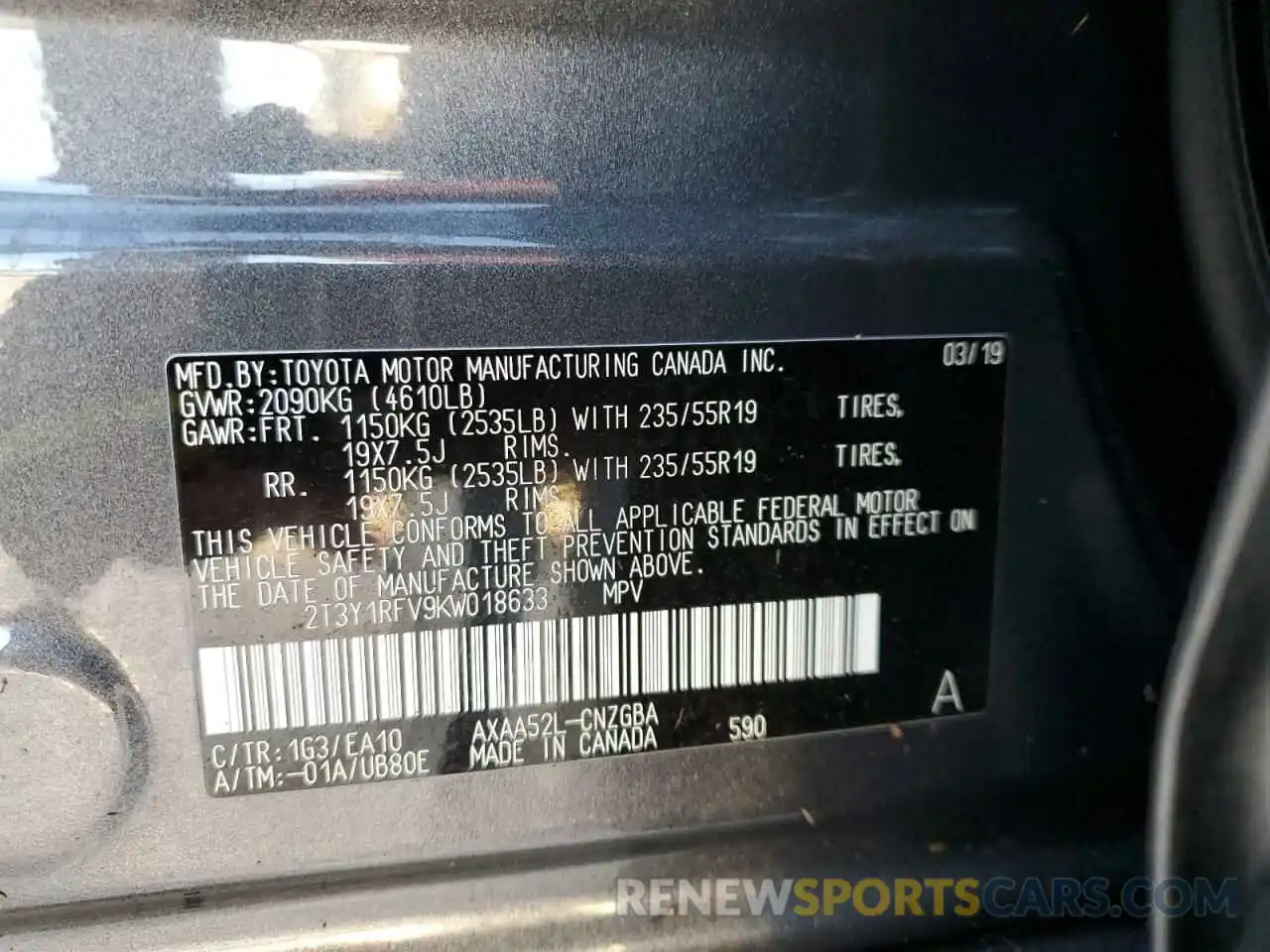 10 Photograph of a damaged car 2T3Y1RFV9KW018633 TOYOTA RAV4 2019