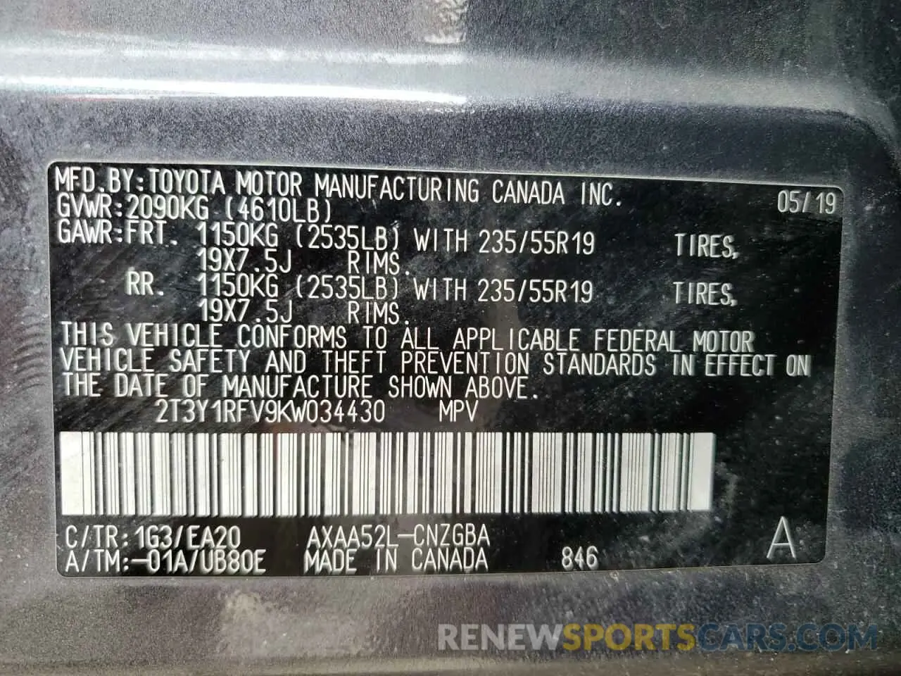 15 Photograph of a damaged car 2T3Y1RFV9KW034430 TOYOTA RAV4 2019