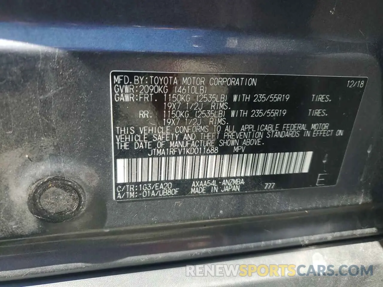 13 Photograph of a damaged car JTMA1RFV1KD011688 TOYOTA RAV4 2019