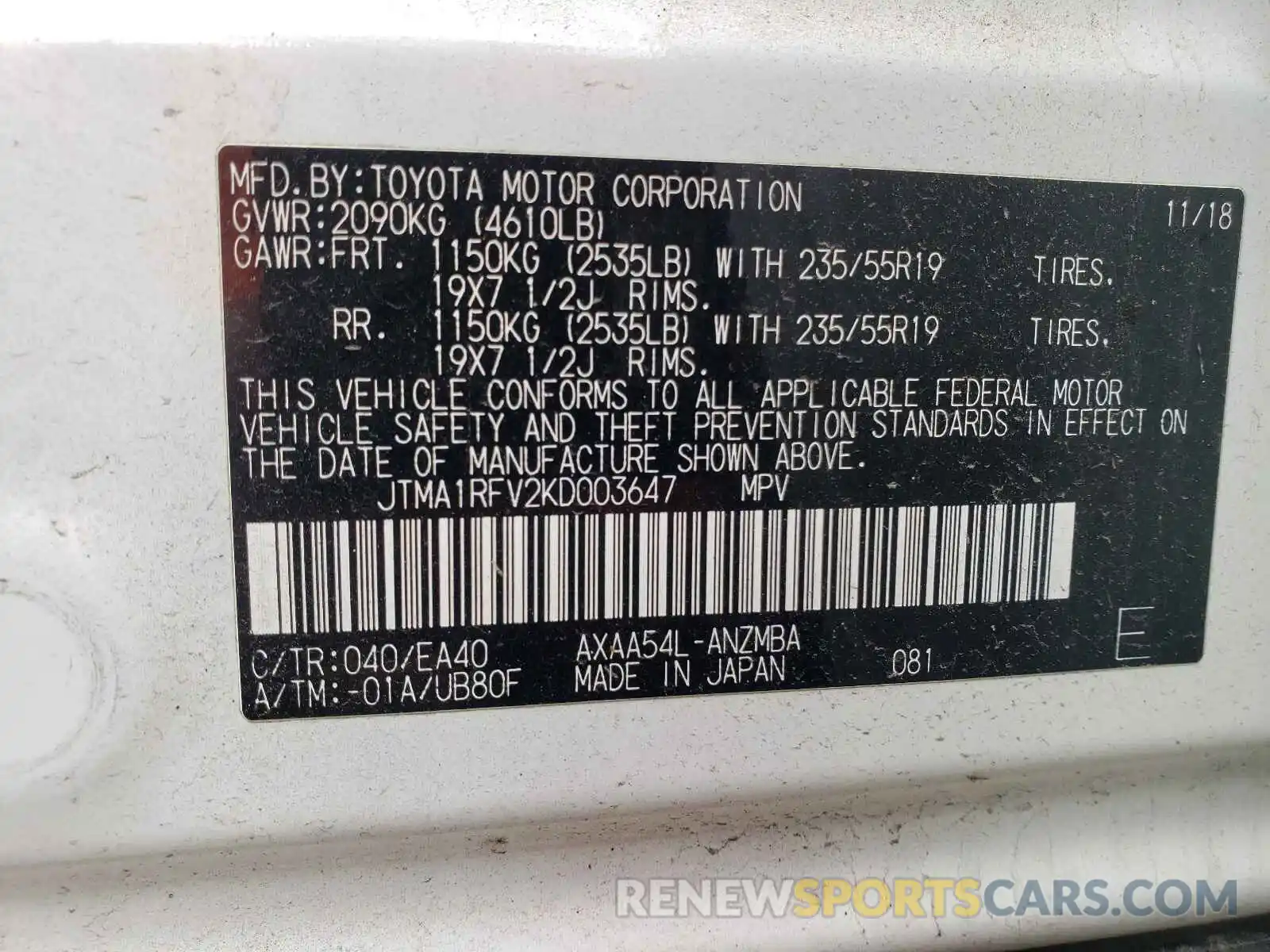 10 Photograph of a damaged car JTMA1RFV2KD003647 TOYOTA RAV4 2019