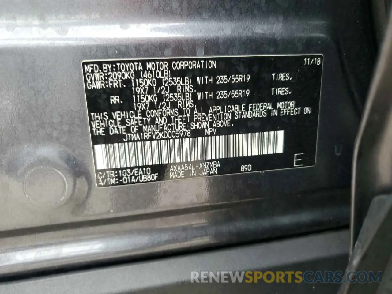 14 Photograph of a damaged car JTMA1RFV2KD005978 TOYOTA RAV4 2019
