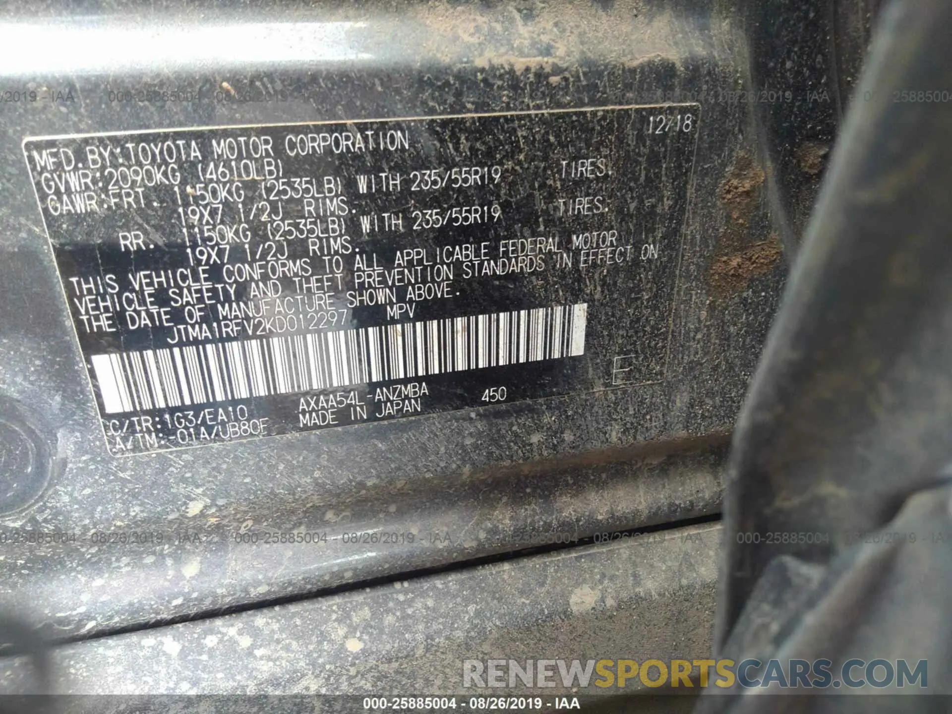 9 Photograph of a damaged car JTMA1RFV2KD012297 TOYOTA RAV4 2019