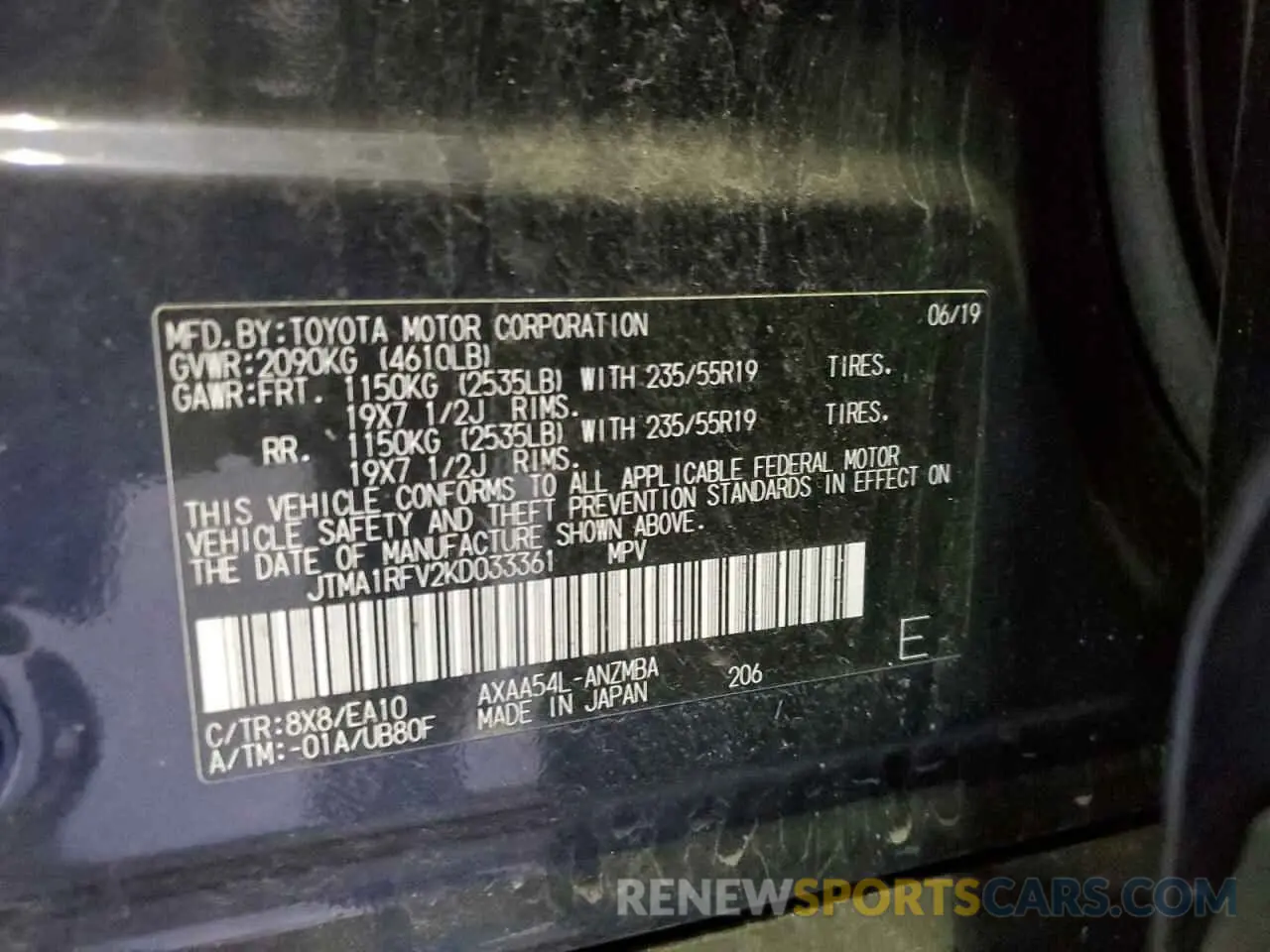14 Photograph of a damaged car JTMA1RFV2KD033361 TOYOTA RAV4 2019