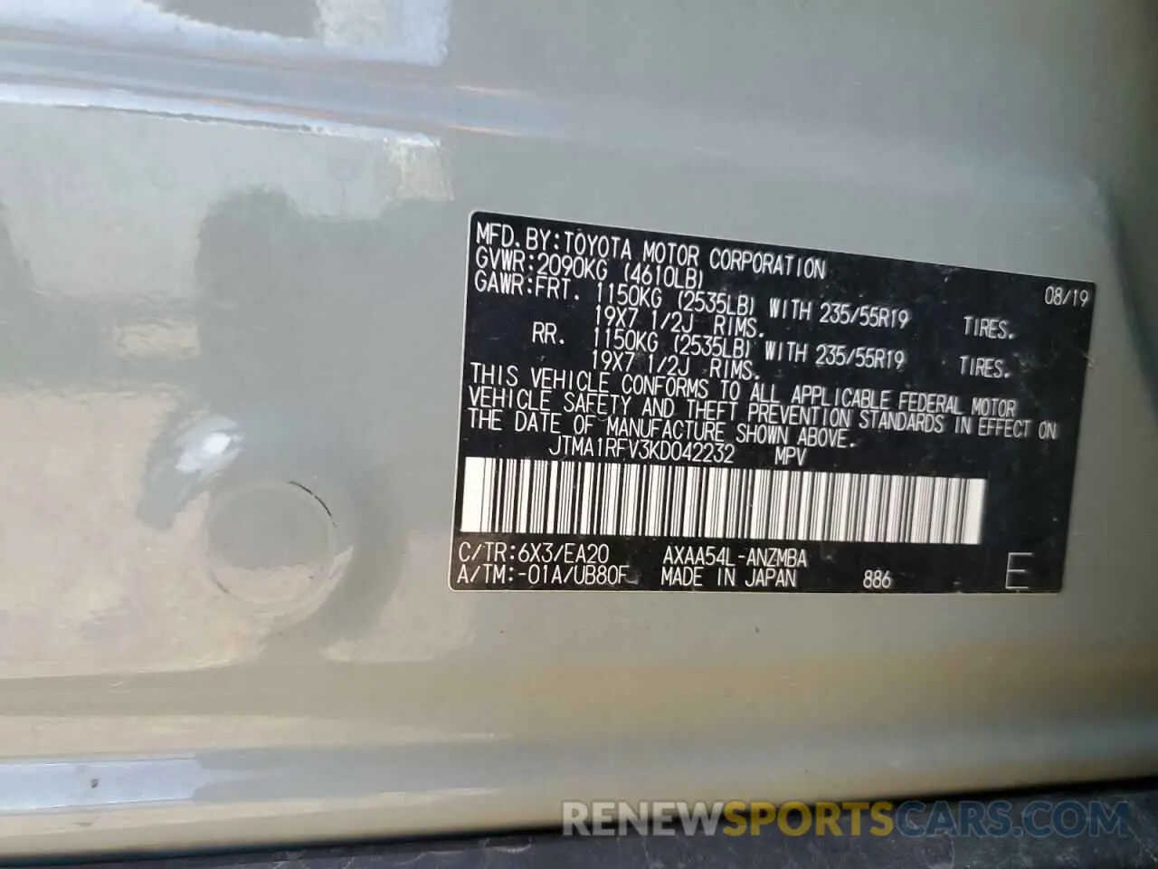 13 Photograph of a damaged car JTMA1RFV3KD042232 TOYOTA RAV4 2019