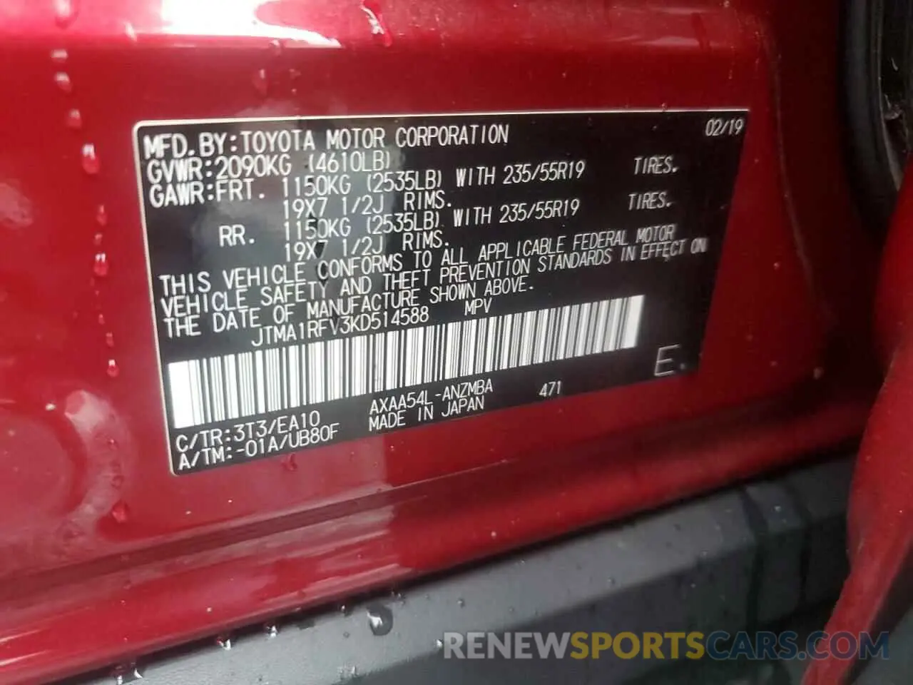 12 Photograph of a damaged car JTMA1RFV3KD514588 TOYOTA RAV4 2019